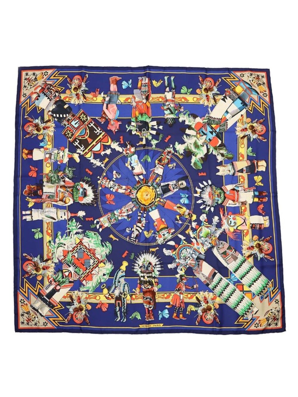 Hermes Carre 90 Scarf Large Kachinas Silk 100% Blue Multicolor
